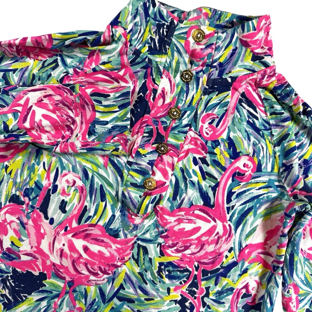 Lilly‎ Pulitzer Skipper Popover Sweatshirt Womens Small Blue Pink Flamingo Print